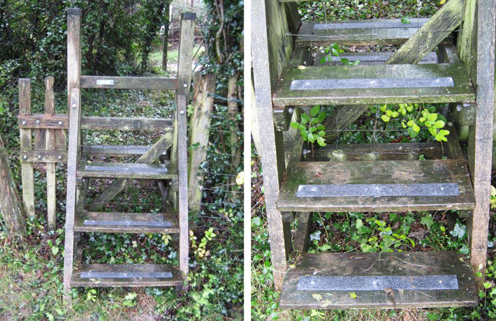 anti-slip decking strips on countryside pathway stiles and bridges.