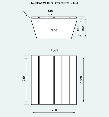 Specification - 1m Urban seat with slats dimensions