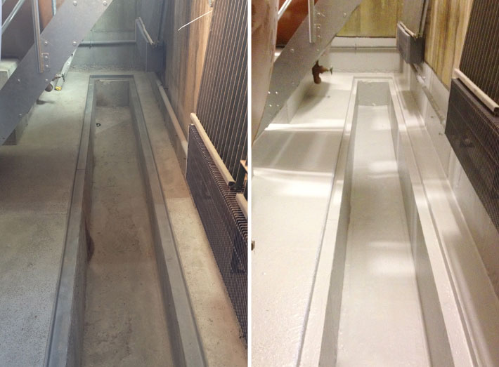 Generator bund before and after: internal concrete trench runs, with GRP lining.